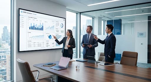 Banking executives reviewing institutional portfolio data in a modern boardroom